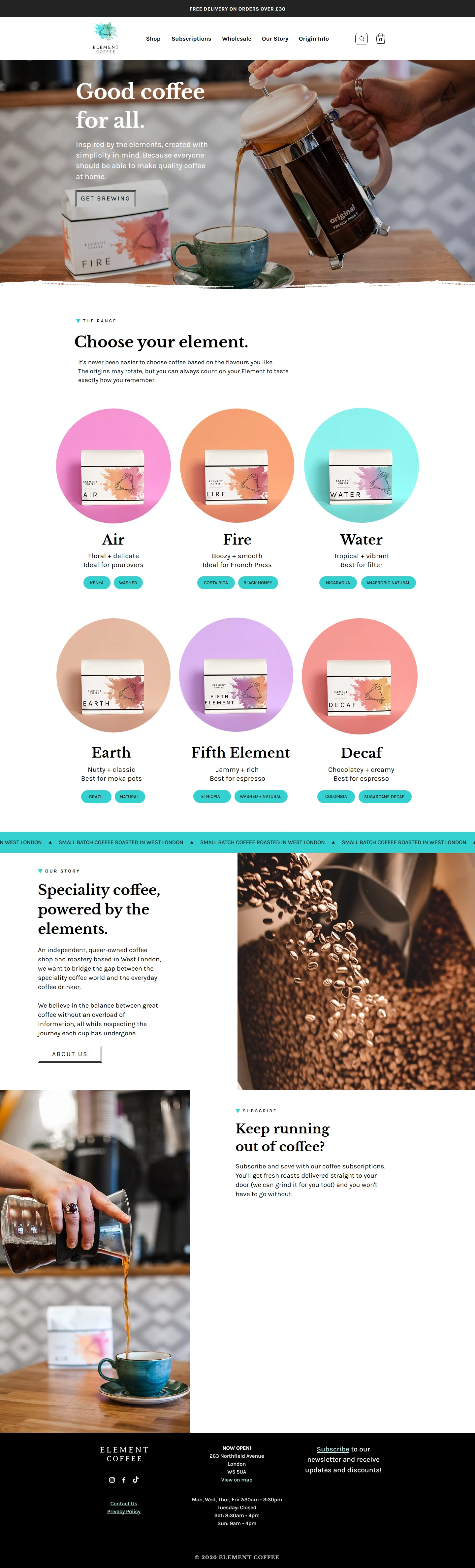 Element Coffee resmi ana sayfasının masaüstü görüntüsü